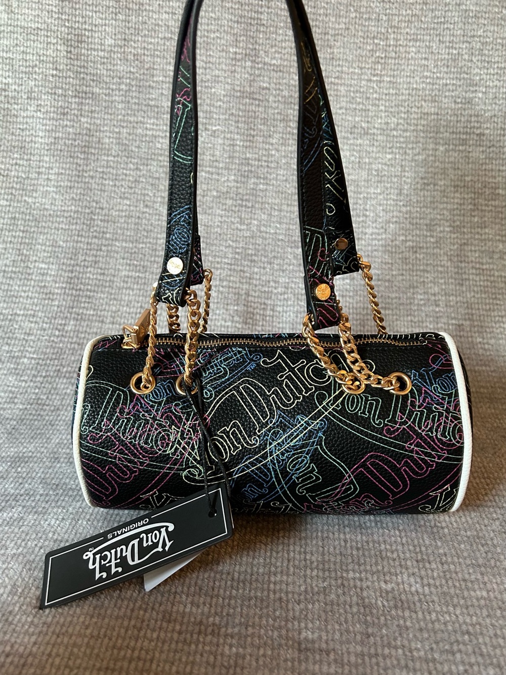 Von Dutch All Over Print Black Barrel Bag